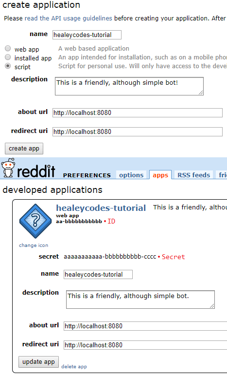 Reddit's Create Application page