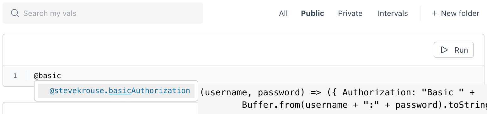 A screenshot of Val Town. Autocomplete offers a utility function for formatting a basic authentication header.